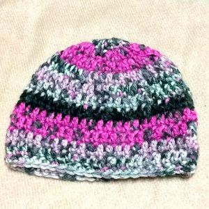 Pink & black stripe crocheted baby hat